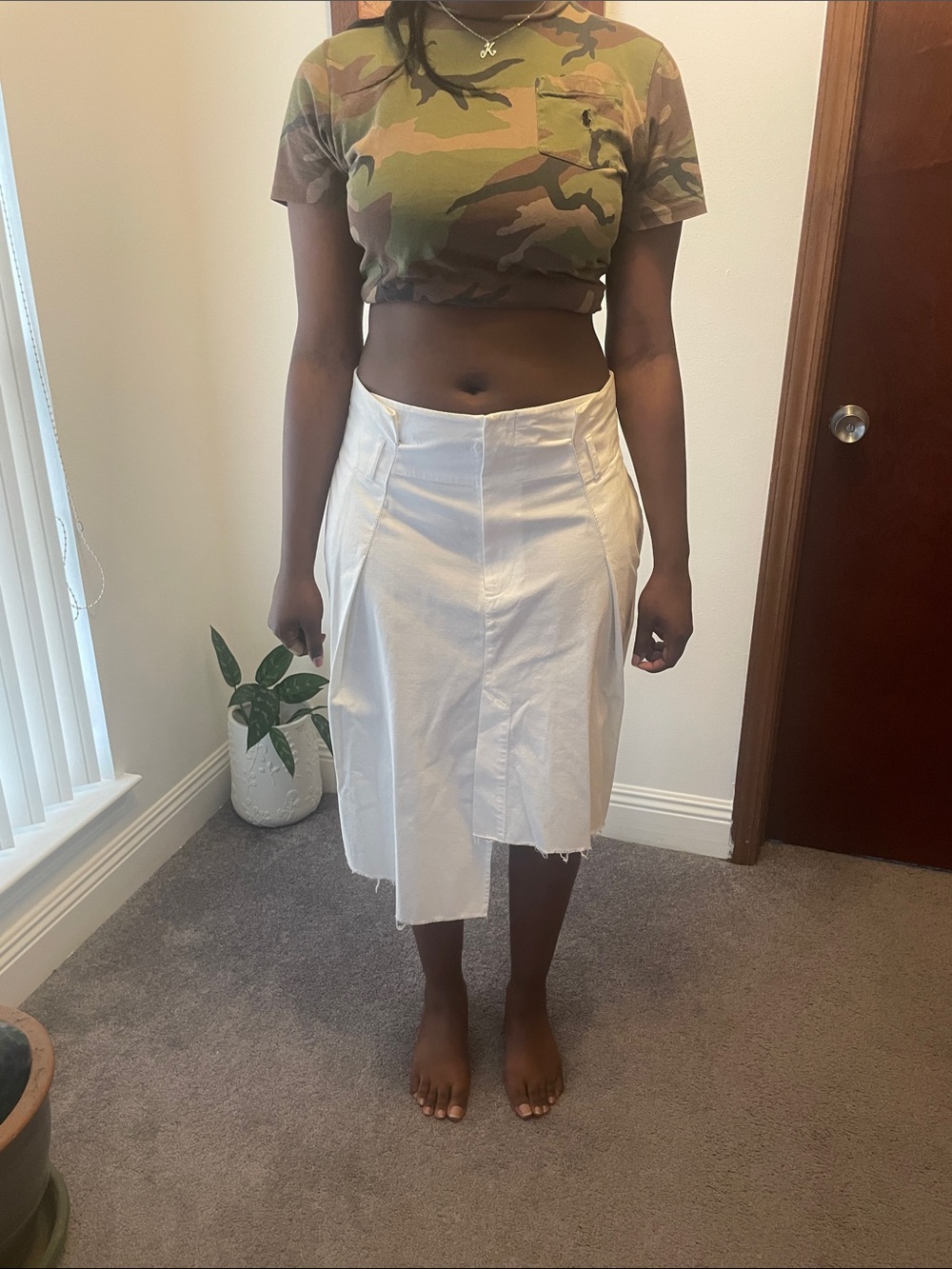 bassike White Panel Midi Skirt with Raw Hem